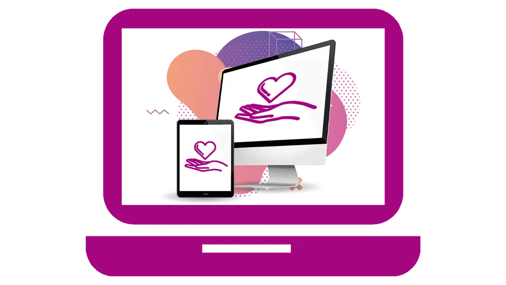 Ein lilafarbenes Herz, das in einer Hand liegt, ist mein Piktogramm für Barrierefreiheit. Es wird auf einem Computerbildschirm, einem Tablet und einem Laptop angezeigt. Alle Geräte sind in Lila gehalten. Hintergrund mit rosa und violetten Farbverläufen und Punkten.